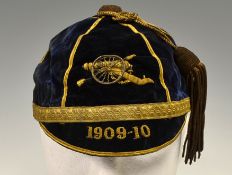 1909/10 Royal Artillery rugby honours cap - dark blue velvet cap with gold braid tassel and trim