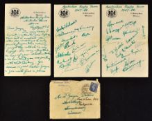 Rare 1947 Australia Rugby Tour to UK letter and team autographs - signed and written on 10 Downing