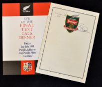 1993 British Lions Rugby Tour to New Zealand dinner menus: Pair of menus one signed by Jason Leonard