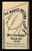 1930 British Lions rugby tour to New Zealand complimentary fixture card - issued by New Zealand