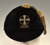 1935 rugby honours cap - black velvet cap with silver Maltese cross with crossed swords to the front