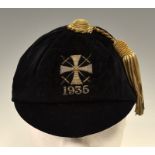 1935 rugby honours cap - black velvet cap with silver Maltese cross with crossed swords to the front