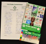 1999 Ireland Rugby World Cup collection of signed ephemera to incl official Ireland signed team