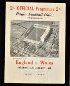 1931 England v Wales Rugby Programme: Usual single folded card issue for this Twickenham game