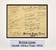 1924 British Lions Rugby Tour to South Africa autographs: a rare sheet clearly and neatly signed