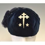 Fettes College Edinburgh blue velvet rugby honours cap - dark blue velvet skullcap with silk