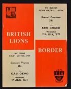 1974 British Lions v Border rugby programme - played at East London, 17 July 8 pp issue with Lions