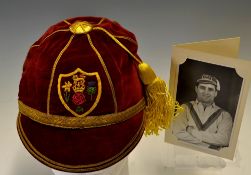 British Isles Rugby League Players Cap - presented to Derek "Rocky" Turner - comprising red velvet 6