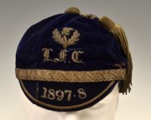 1897/98 Scottish rugby club honours cap - dark blue velvet cap with gold braid tassel, trim, Thistle