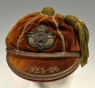 1925/26 Royal Military College Sandhurst rugby honours cap - red velvet cap with gold braid tassel