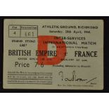 Rare 1945 British Empire v France Services international rugby ticket - wartime charity fund raising