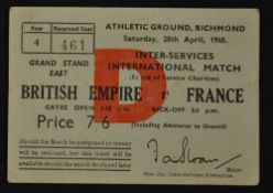 Rare 1945 British Empire v France Services international rugby ticket - wartime charity fund raising