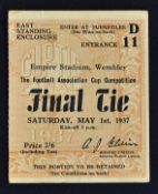 1937 FA Cup final football ticket Sunderland v Preston North End at Wembley, East standing