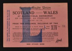 1926 Scotland v Wales rugby ticket-complete ticket for the match played at Murrayfield on 6th