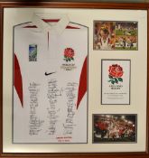 Fine 2003 Official England Rugby World Cup Champions signed Nike shirt display - ltd ed no 621/