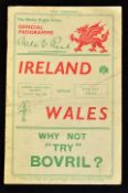 1936 Wales v Ireland Rugby Programme: Played at Cardiff on 14th March 1936, usual Wales issue with