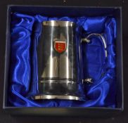 England Tankard with 3 Lions badge in plated metal complete with original velvet lined box by