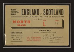 1938 England v Scotland rugby ticket - black mounted large cream ticket for the last Twickenham