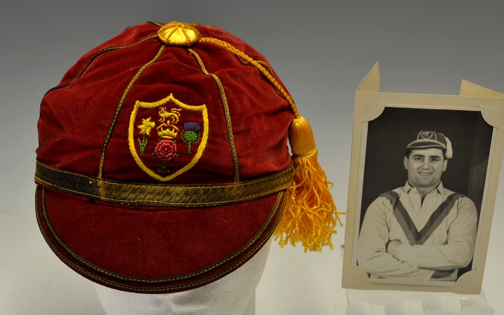 British Isles Rugby League Players Cap - presented to Derek "Rocky" Turner - comprising red velvet 6