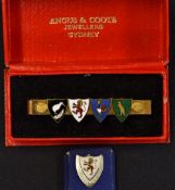 Rugby League World Cup brass and enamel tie clip c.1957 - in makers Angus & Coote Jewellers Sydney