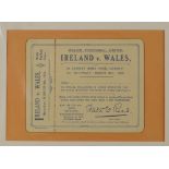 1924 Wales v Ireland rugby ticket - complete ticket for the match played at Cardiff on 8th March