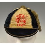 1927 Auckland New Zealand Rugby Union honours - navy and cream velvet cap with embroidered ARU