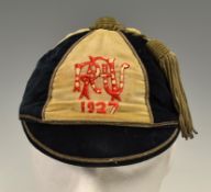 1927 Auckland New Zealand Rugby Union honours - navy and cream velvet cap with embroidered ARU