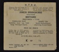 1962 British Lions v Junior Springboks rugby match ticket - played at Pretoria on 7 July, cream