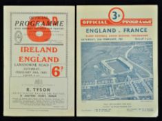 2x 1951 England rugby programmes to incl vs Ireland (Champions) played at Lansdowne Road and vs