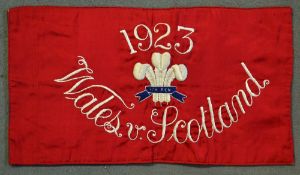 Fine 1923 Wales v Scotland Touch Flag: rare and embroidered silk rugby touch judge's flag from '