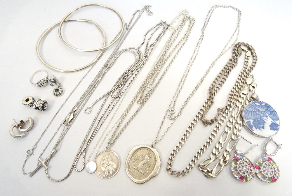 LOT OF SILVER JEWELLERY including gem set earrings, neck chains,