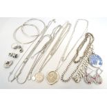 LOT OF SILVER JEWELLERY including gem set earrings, neck chains,