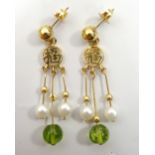 CHINESE PERIDOT AND PEARL DROP EARRINGS the periodot and pearls on each suspended below a disk with