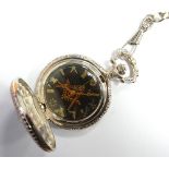 MASONIC HUNTER POCKET WATCH and fob chain, the case decorated with the compass and set square,