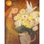 HELEN TABOR Girl holding jug with flowers and dove, oil on canvas, signed,