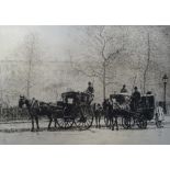 FOUR ETCHINGS comprising Alex H.Kirk, Hansom Cabs in street scene, signed, 26.6cm x 36.