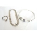 SELECTION OF SILVER PANDORA JEWELLERY comprising a charm bangle with two charms,