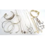 GOOD SELECTION OF SILVER JEWELLERY including bangles and bracelets; an emerald,