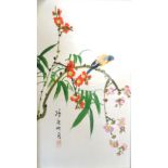 TWO CHINESE PICTURES one embroided depicting a pair of parrots in a cherry tree,