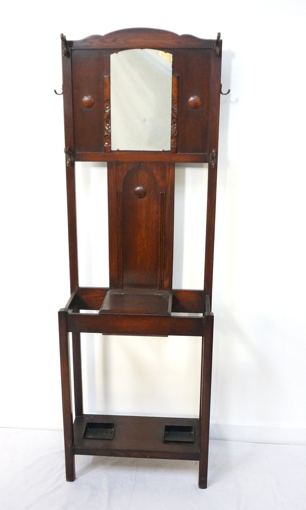 1920's OAK HALLSTAND with upper central mirror, glove box and provision for canes and umbrellas,