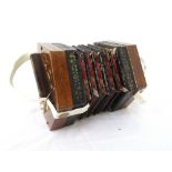 TWENTY KEY MAHOGANY CONCERTINA with fret work panels and replaced handle straps