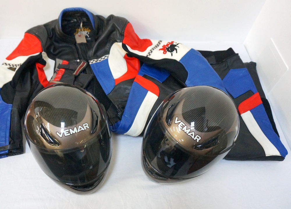 SET OF BUFFALO MOTORBIKE LEATHERS comprising a black, blue,