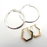 TWO PAIRS OF NINE CARAT GOLD HOOP EARRINGS comprising a circular white gold pair and a hexagonal