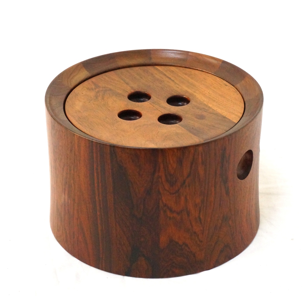 1960's NISSEN DANISH TEAK ICE BUCKET the circular removable lid with finger holes opening to reveal