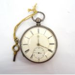 VICTORIAN SILVER CASED POCKET WATCH with black Roman numerals and subsidiary dial on white enamel,