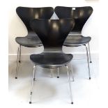 THREE DESIGNER DANISH STACKING CHAIRS with shaped and stained wooden seats on chrome stands (From