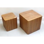TWO GRADUATED WOODEN CUBE TABLES the largest 38cm high and 40cm square (From Simon's Flat)
