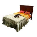 RUSTIC STAINED PINE DOUBLE BED with mattress and a selection of bedding and cushions (From