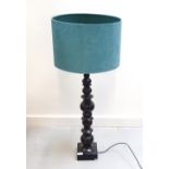 TALL TABLE LAMP FROM SIMON'S FLAT with ebonised turned column and teal shade,