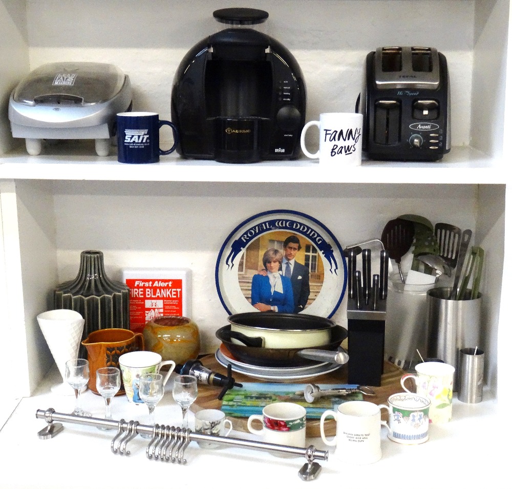 LOT OF VARIOUS KITCHEN UTENSILS including Simon's mug, a Braun Tassimo coffee machine,